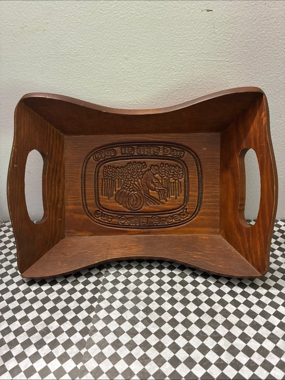 Wooden Serving Tray with Harvest Carved Design - Brown